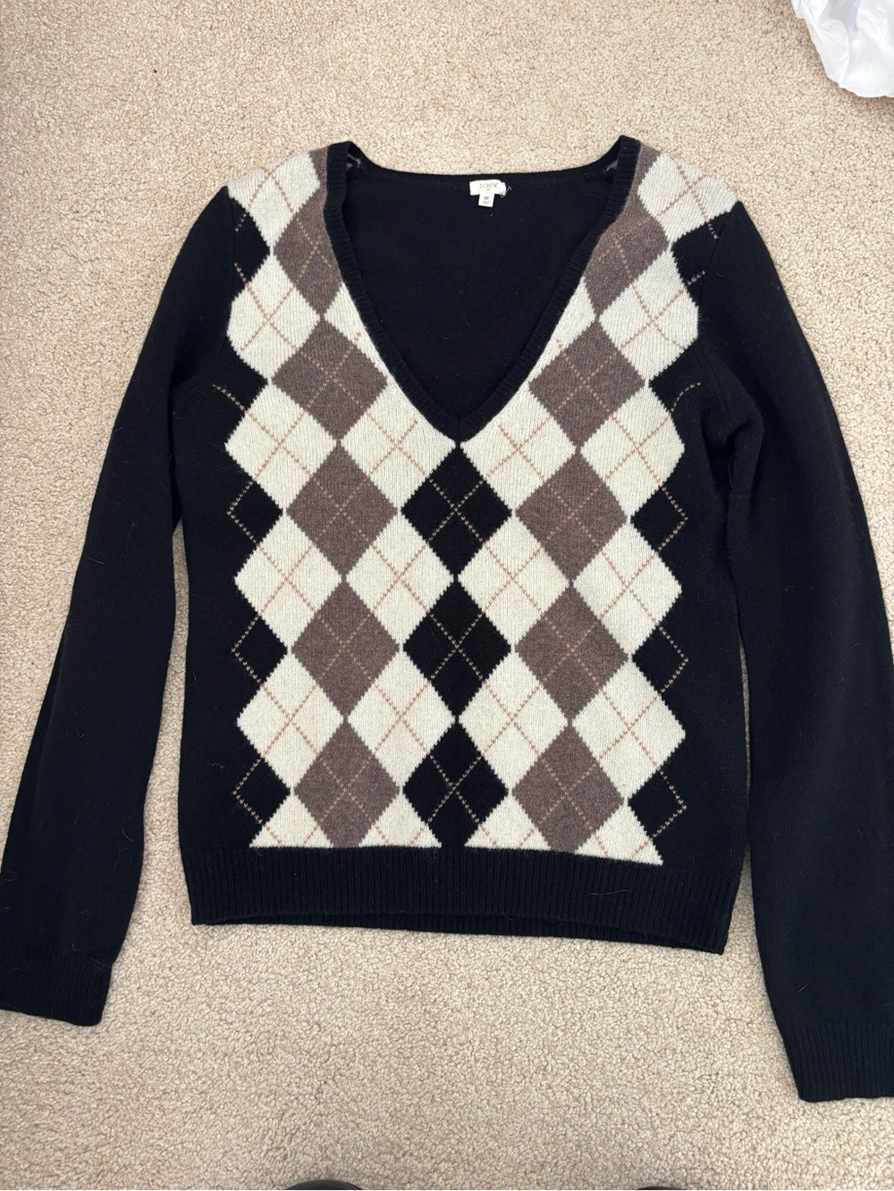 Women’s j crew lambs wool argyle v neck Sweater size medium black brown